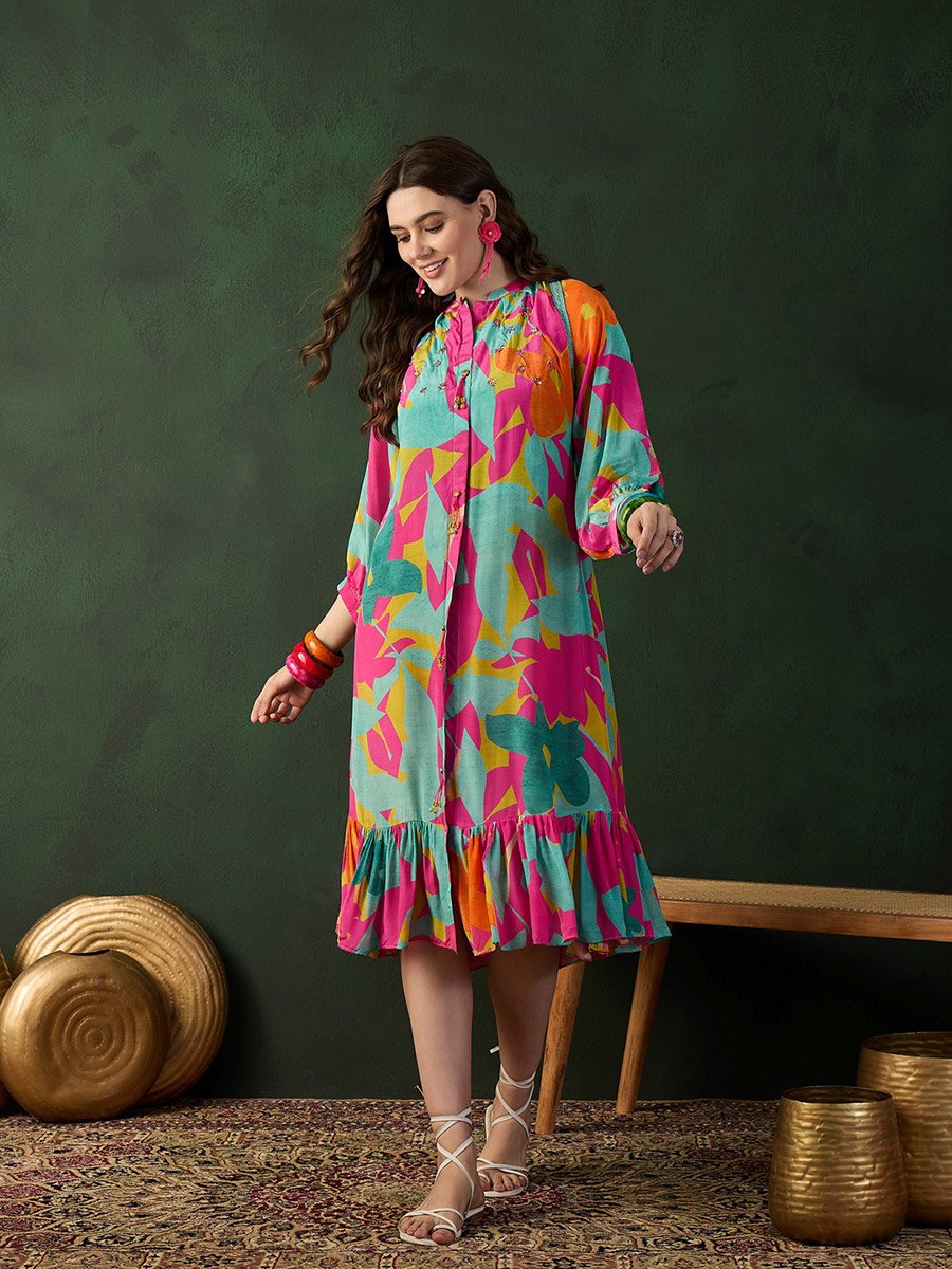 Printed A-Line Ruffled Hem Midi Dress