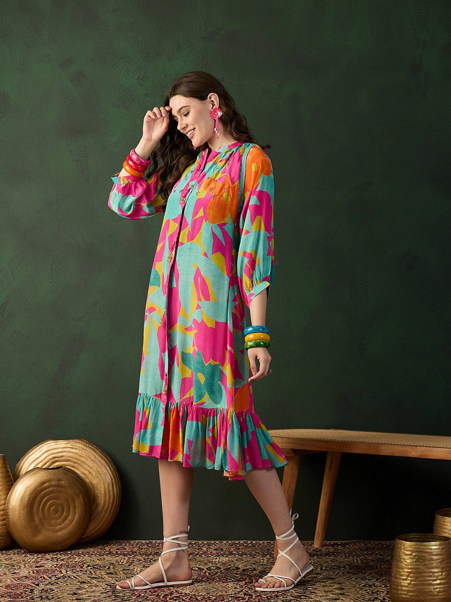 Printed A-Line Ruffled Hem Midi Dress