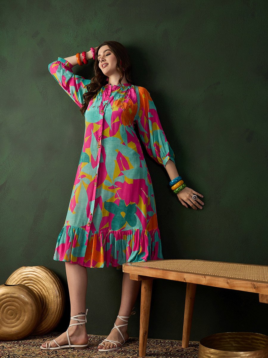 Printed A-Line Ruffled Hem Midi Dress
