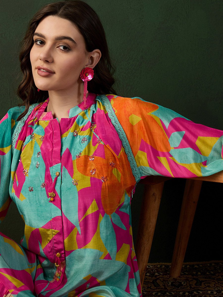 Printed A-Line Ruffled Hem Midi Dress