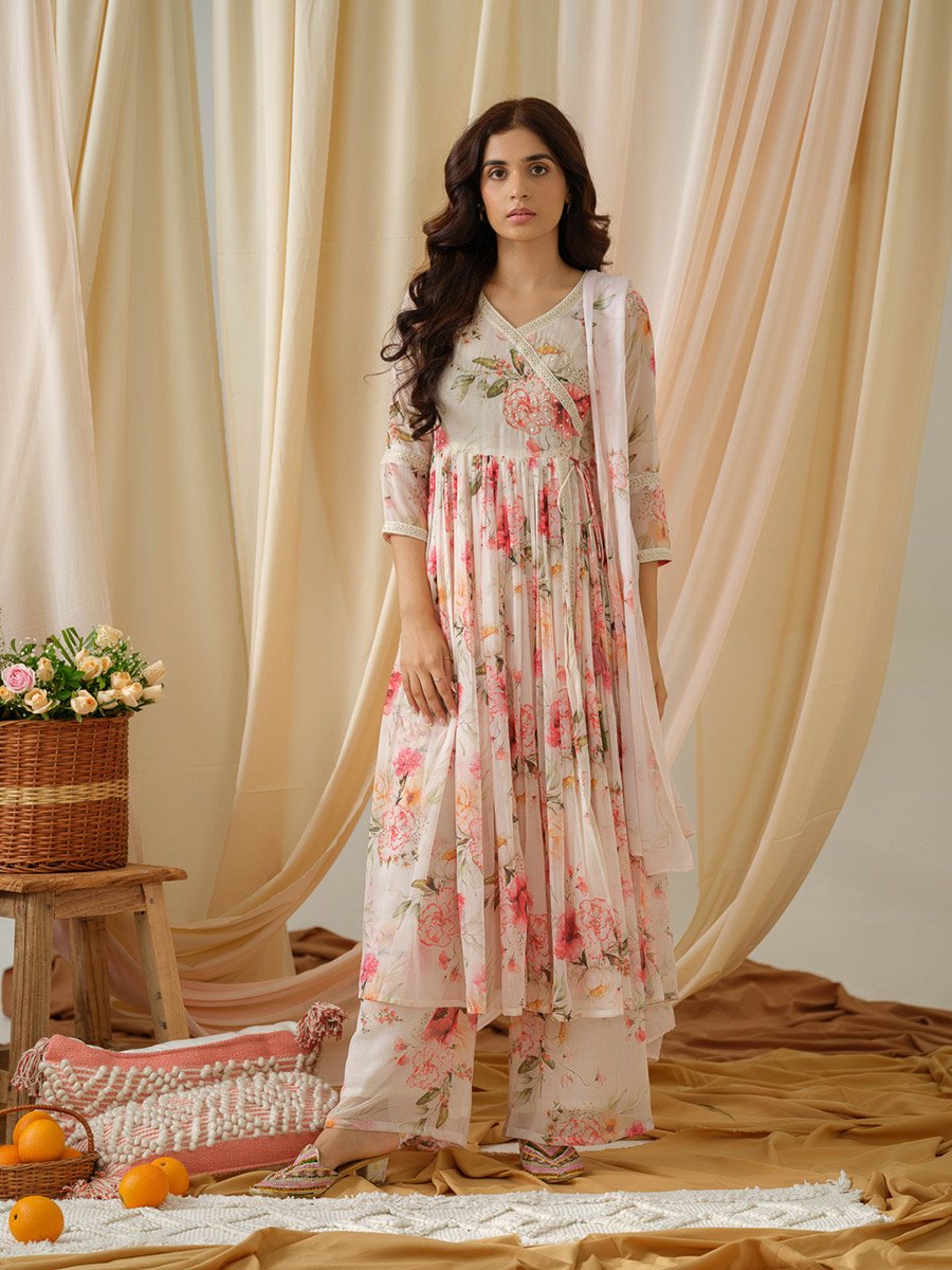 Floral Printed V-Neck A-Line Kurta and Trousers with Dupatta Set