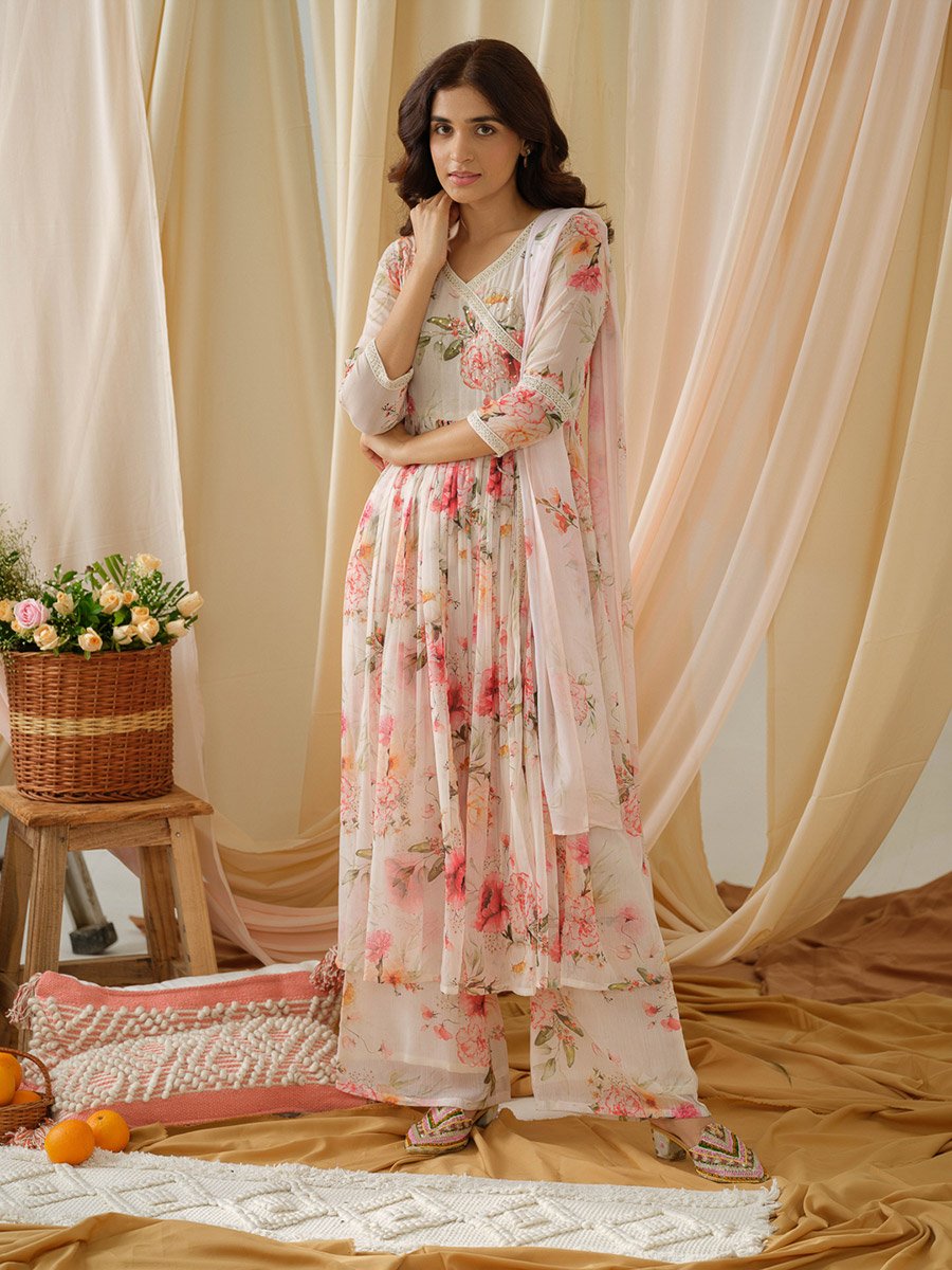 Floral Printed V-Neck A-Line Kurta and Trousers with Dupatta Set