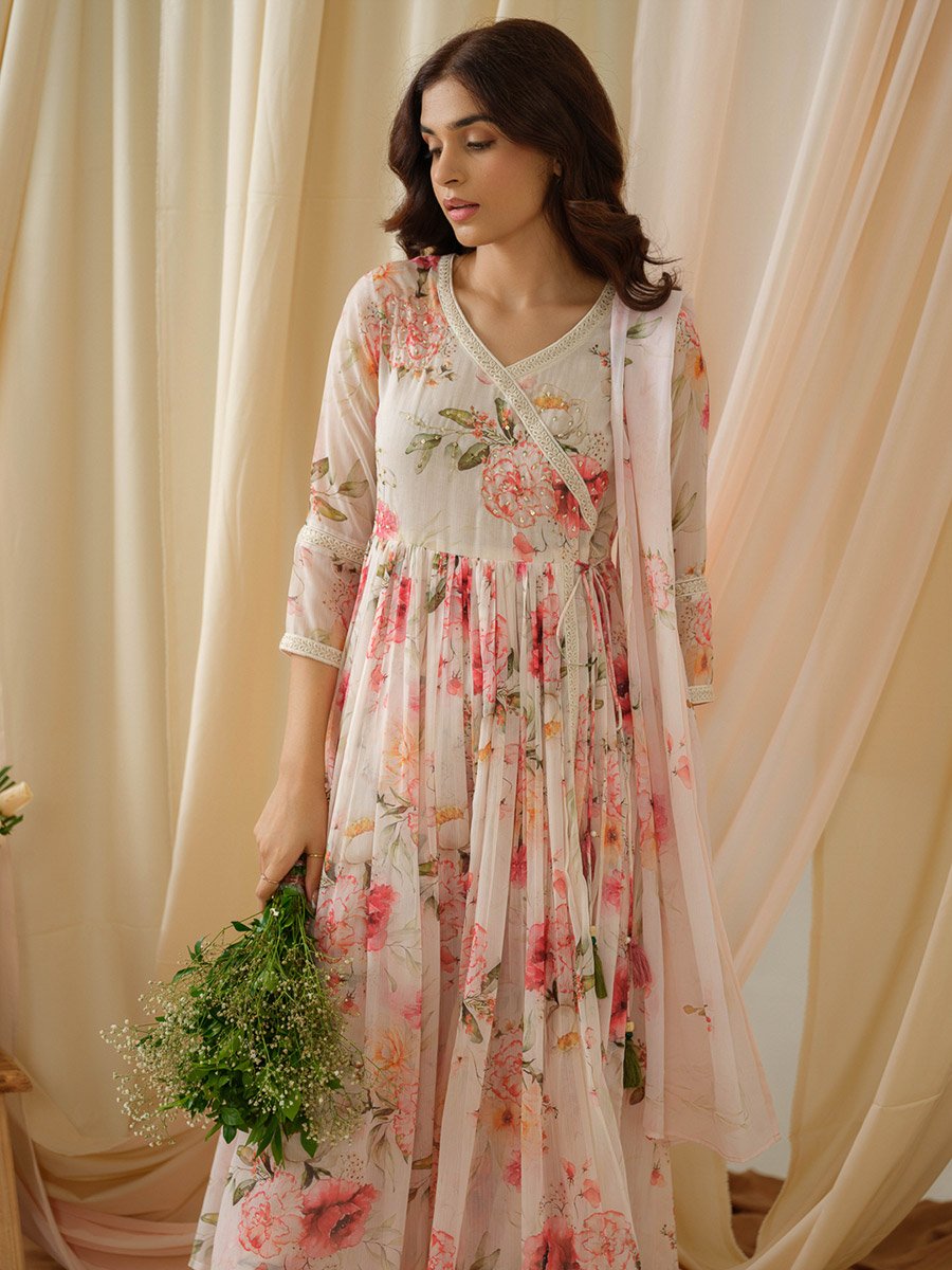 Floral Printed V-Neck A-Line Kurta and Trousers with Dupatta Set