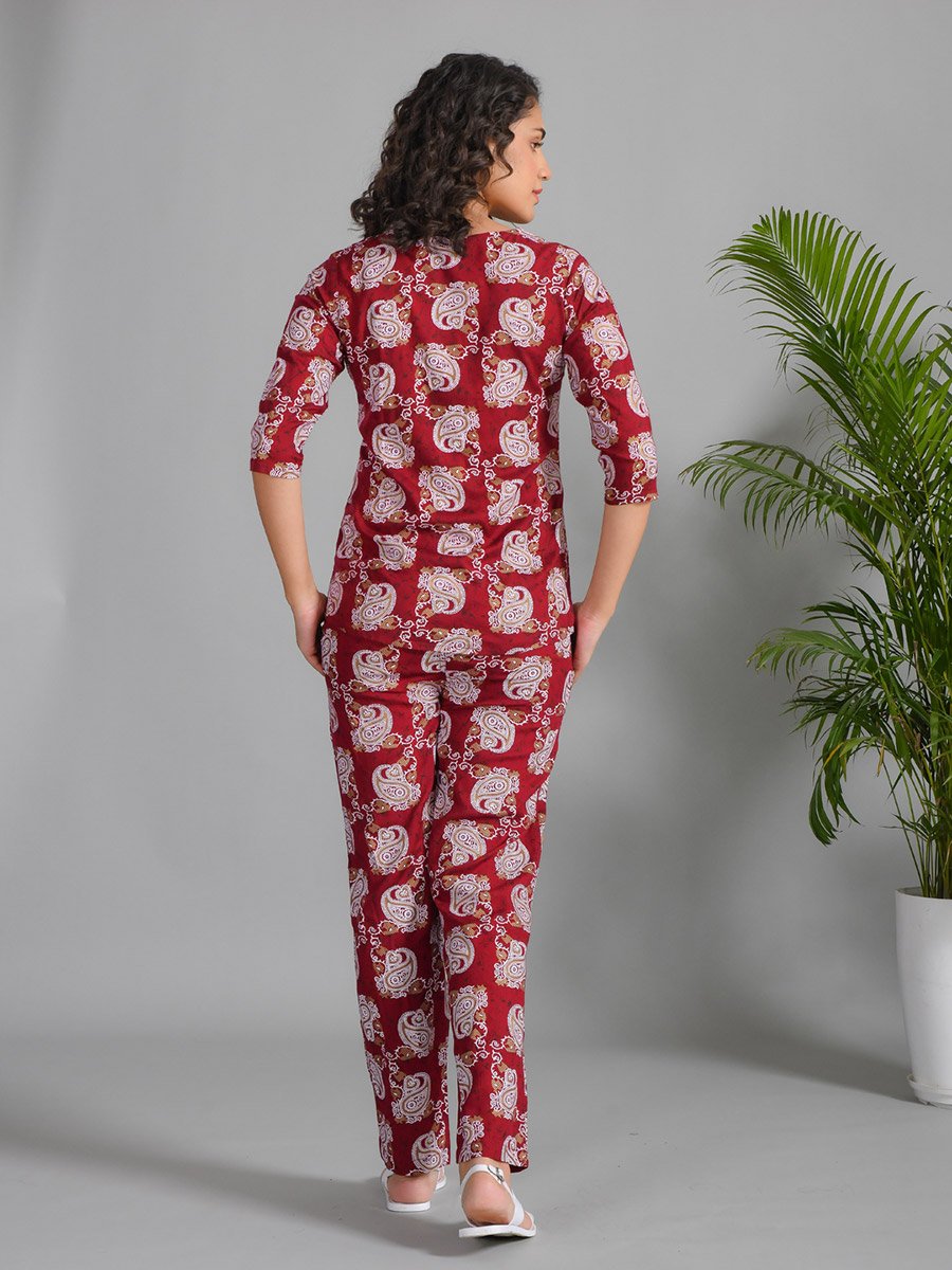 Printed Notch Neck Longline Top and Pyjama Set