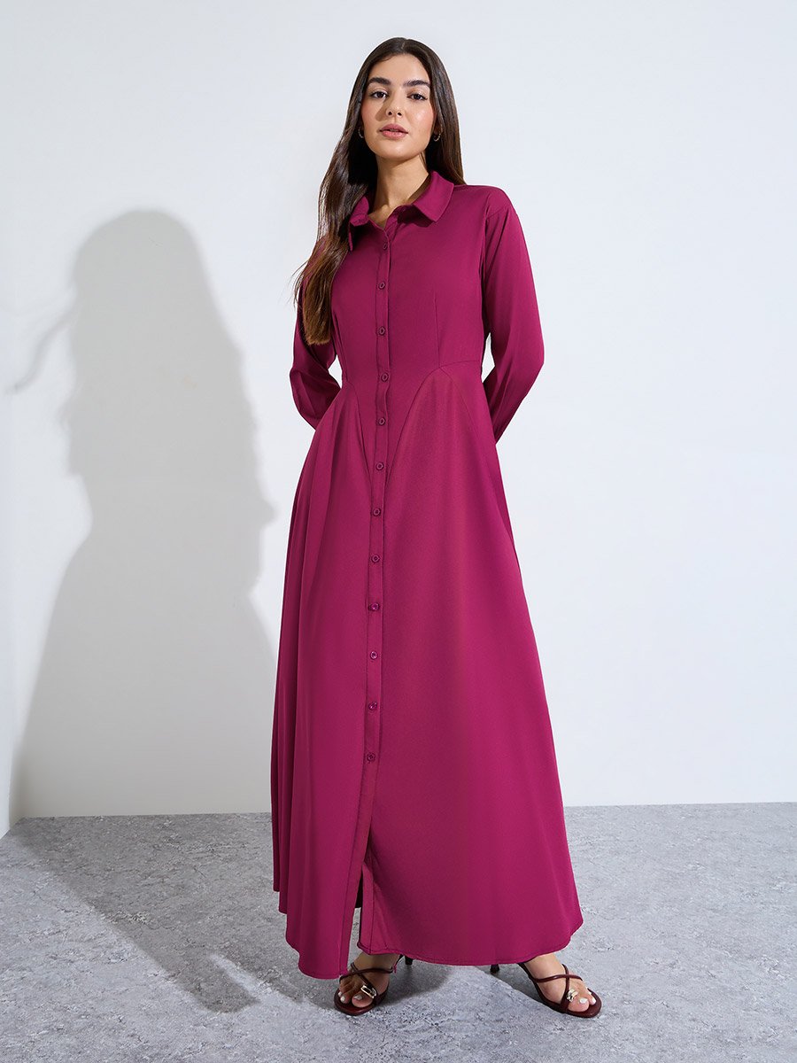 Burgundy Solid Long Sleeve Shirt Maxi Dress