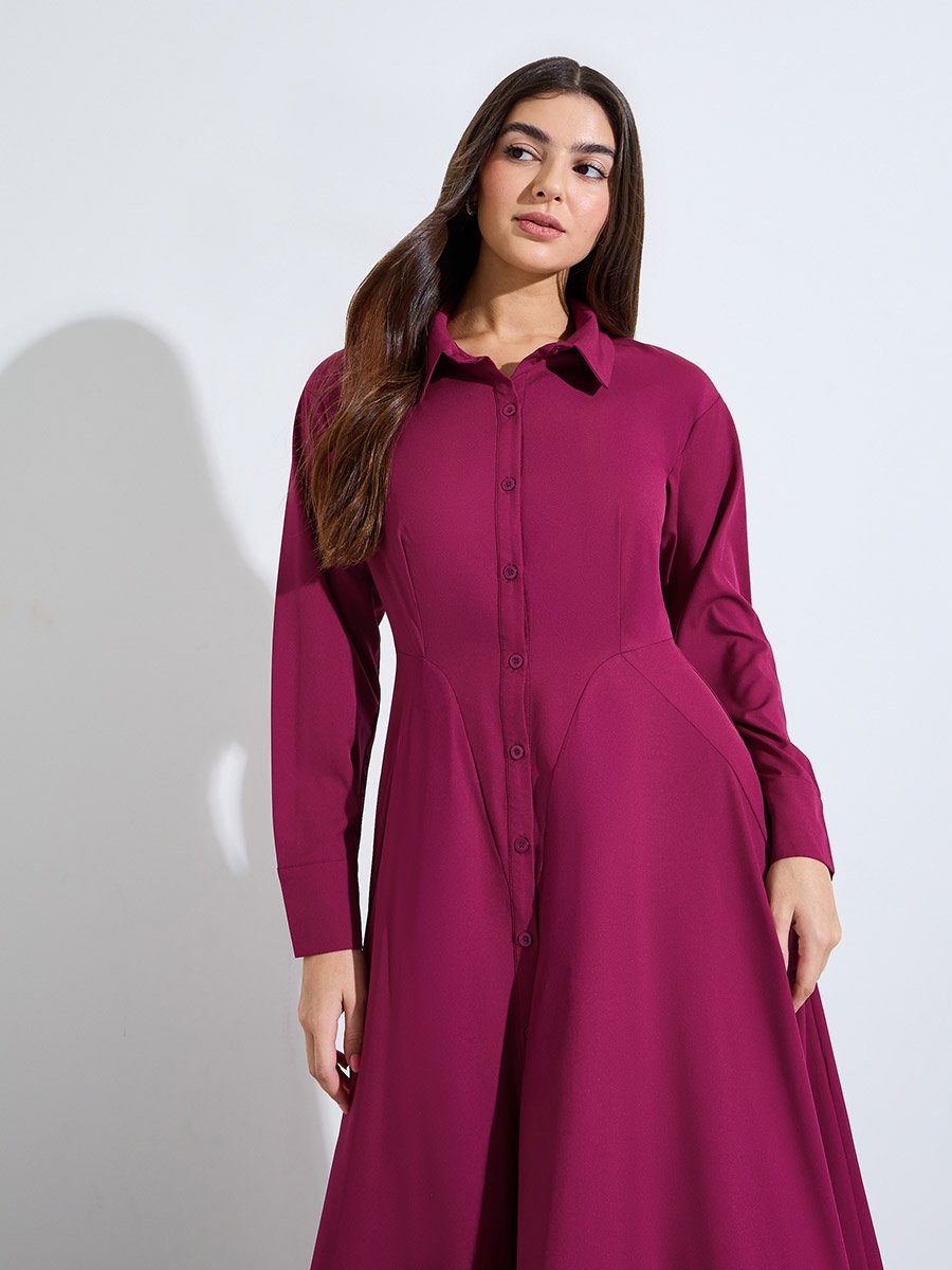Burgundy Solid Long Sleeve Shirt Maxi Dress