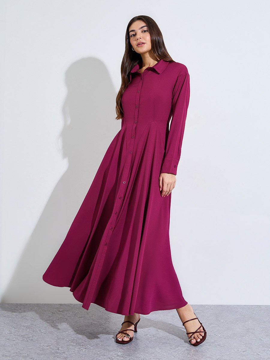 Burgundy Solid Long Sleeve Shirt Maxi Dress