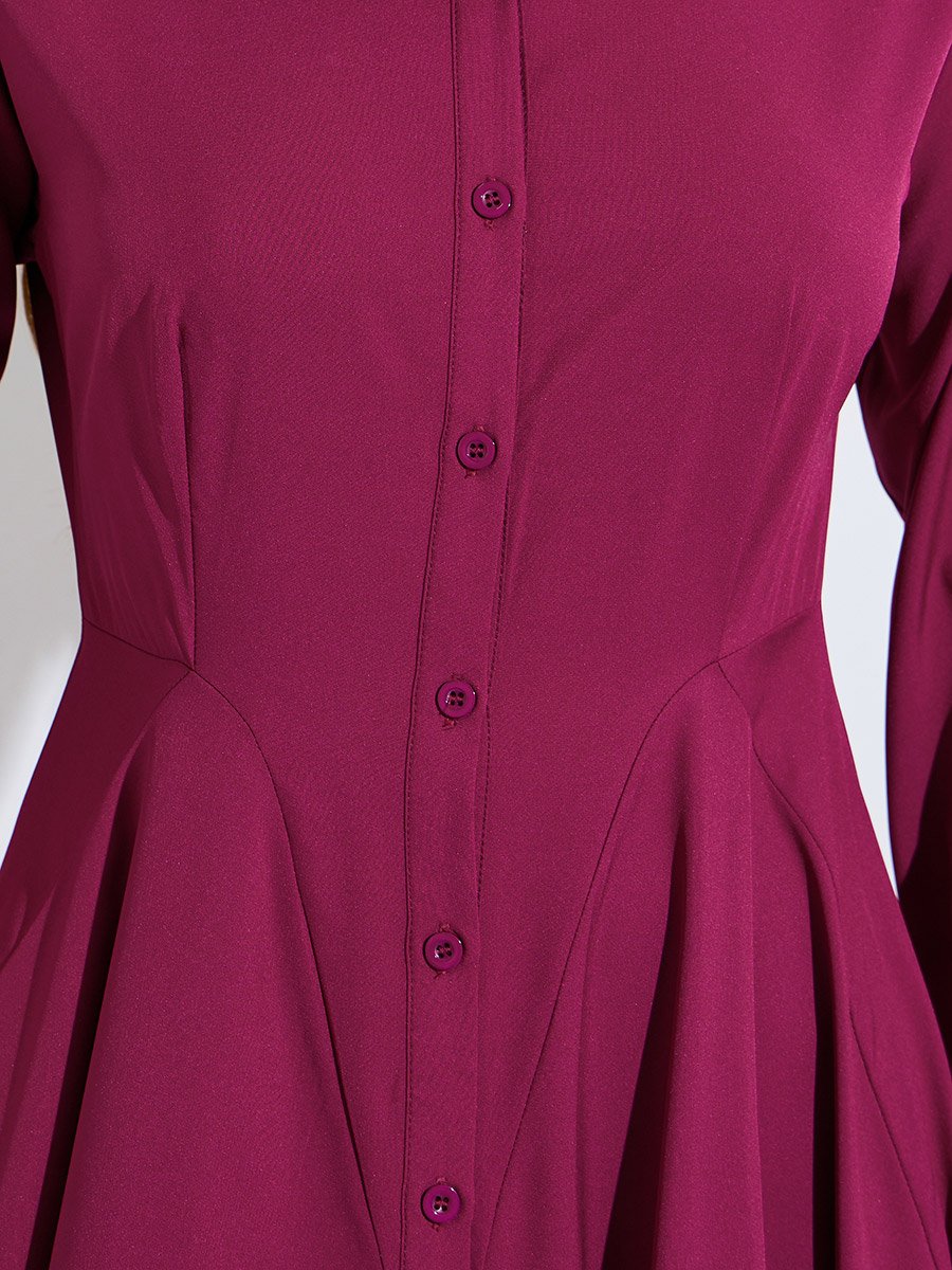 Burgundy Solid Long Sleeve Shirt Maxi Dress