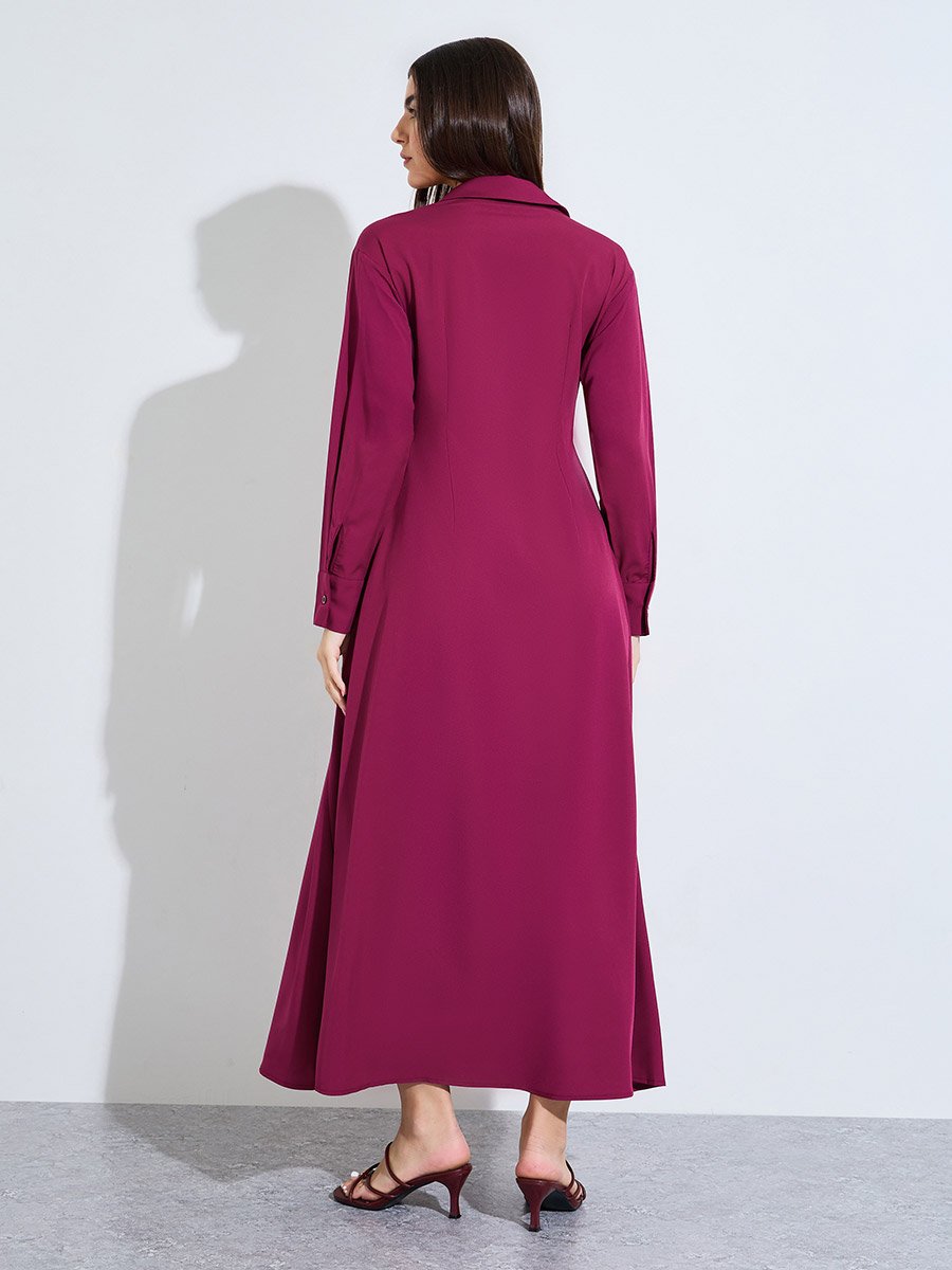 Burgundy Solid Long Sleeve Shirt Maxi Dress