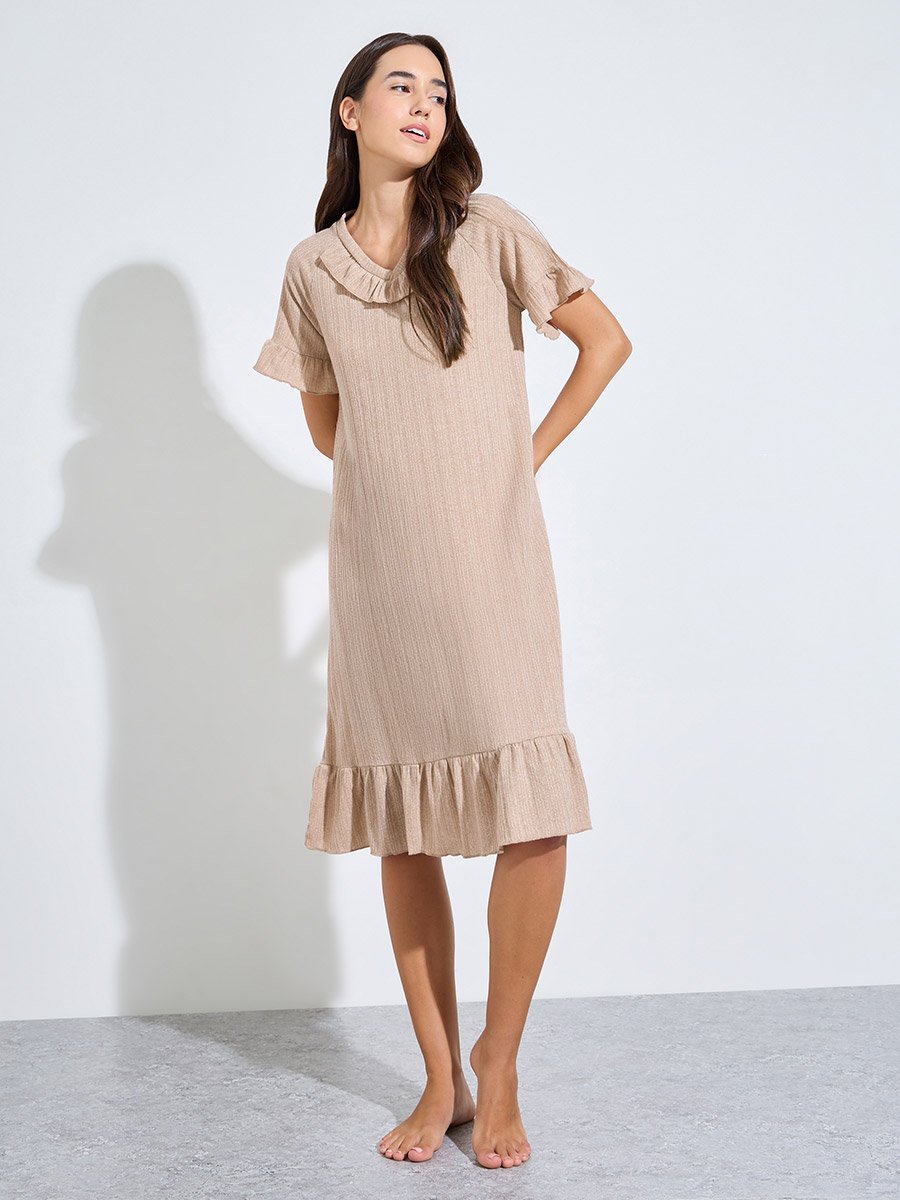 Brown Ribbed V Neck Ruffle Detail Nightdress