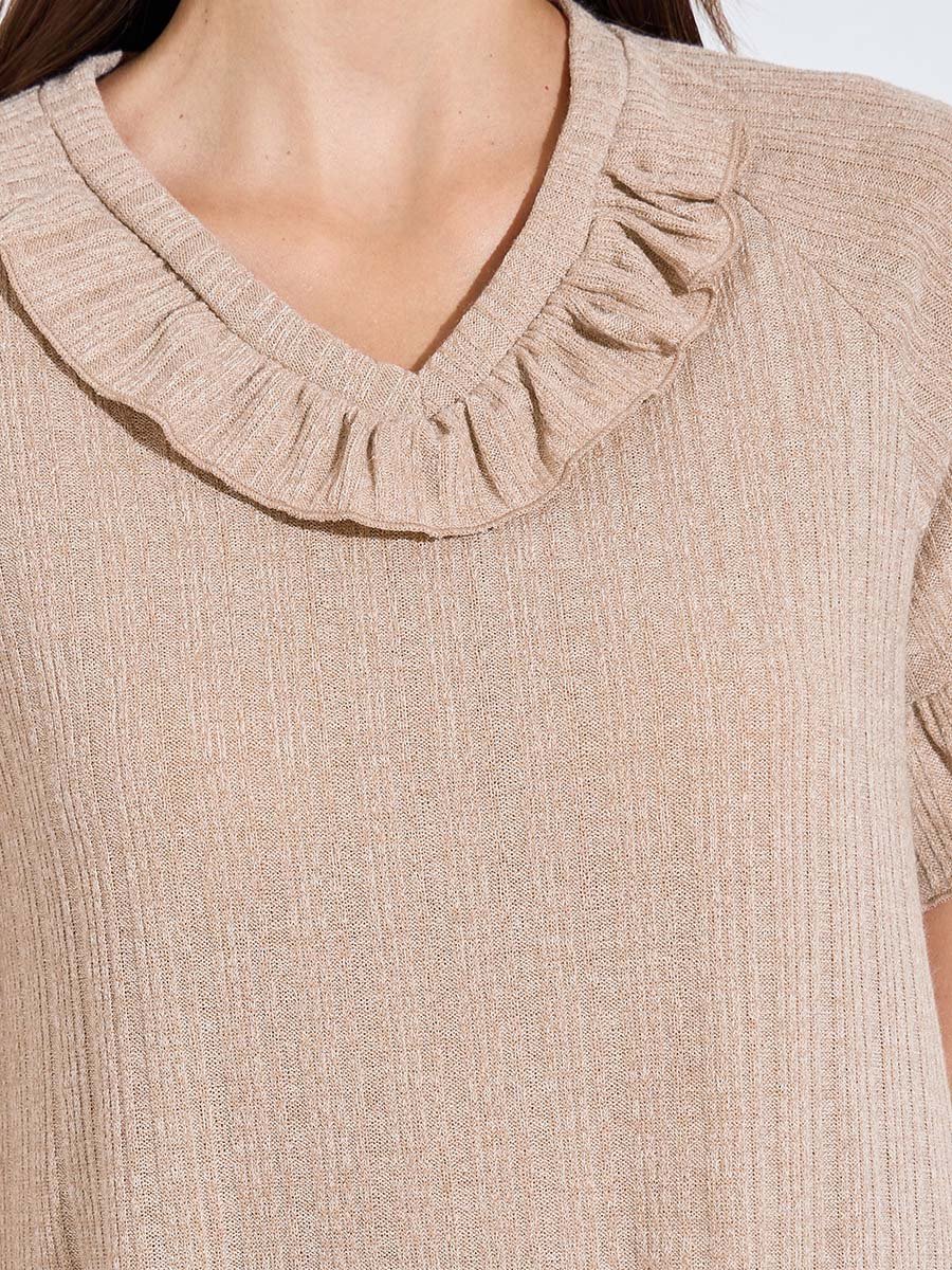 Brown Ribbed V Neck Ruffle Detail Nightdress