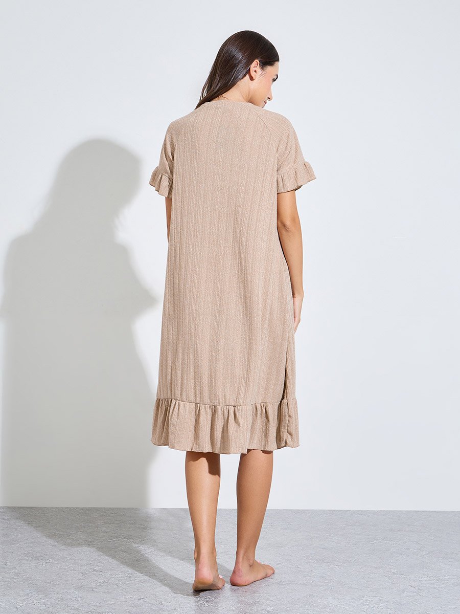Brown Ribbed V Neck Ruffle Detail Nightdress