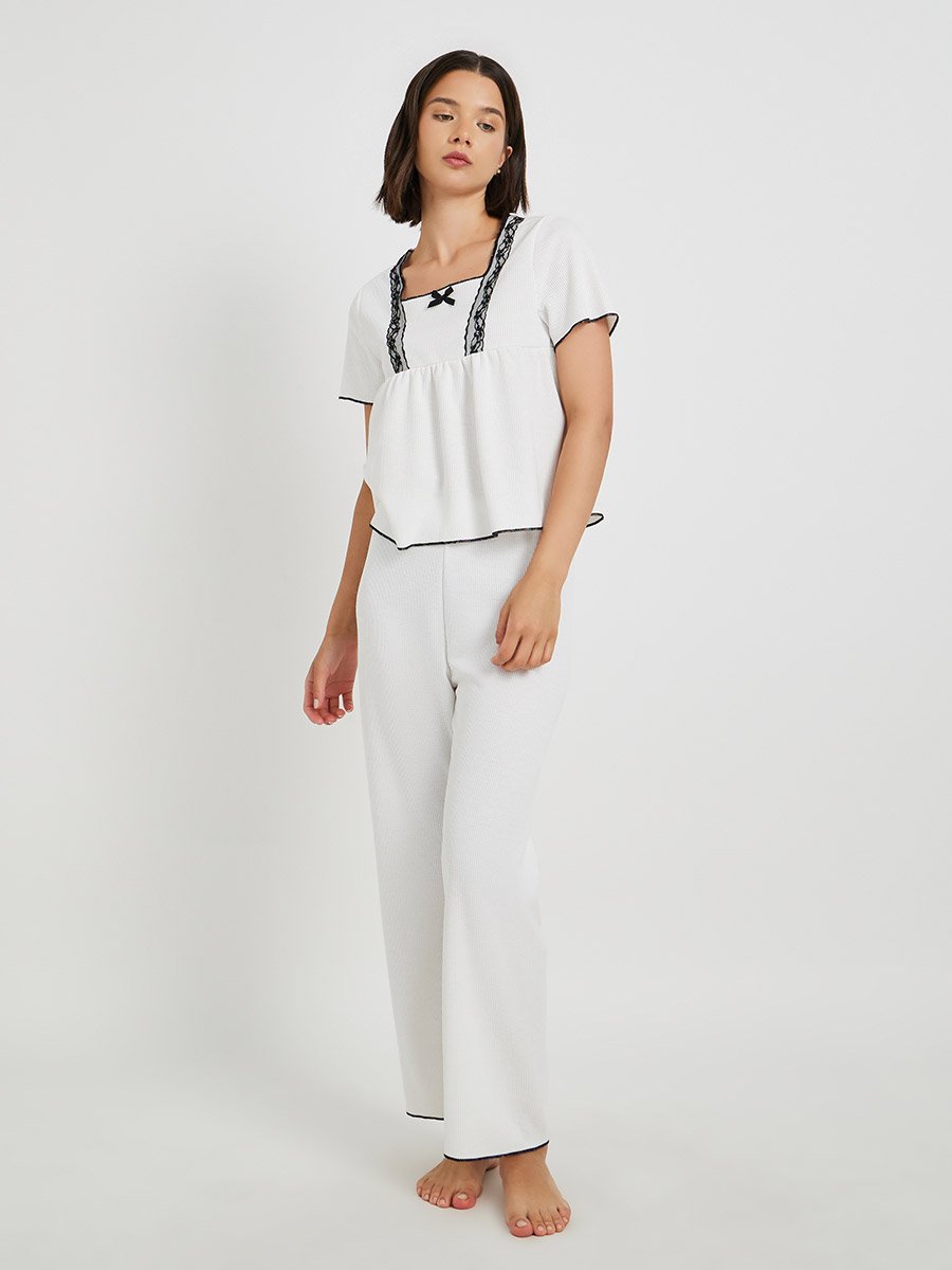 Square Neck Lace Detail T-Shirt and Pyjama Set