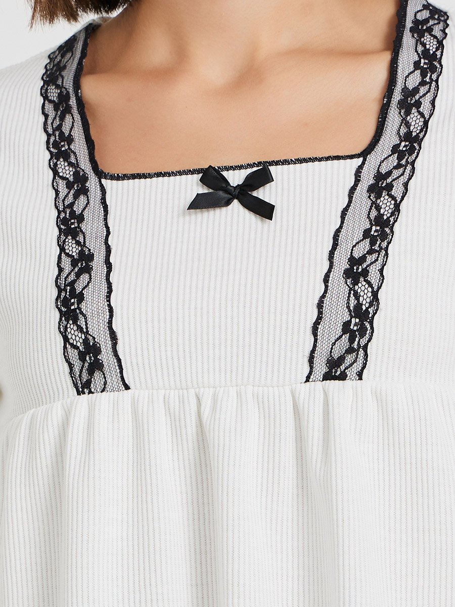 Square Neck Lace Detail T-Shirt and Pyjama Set