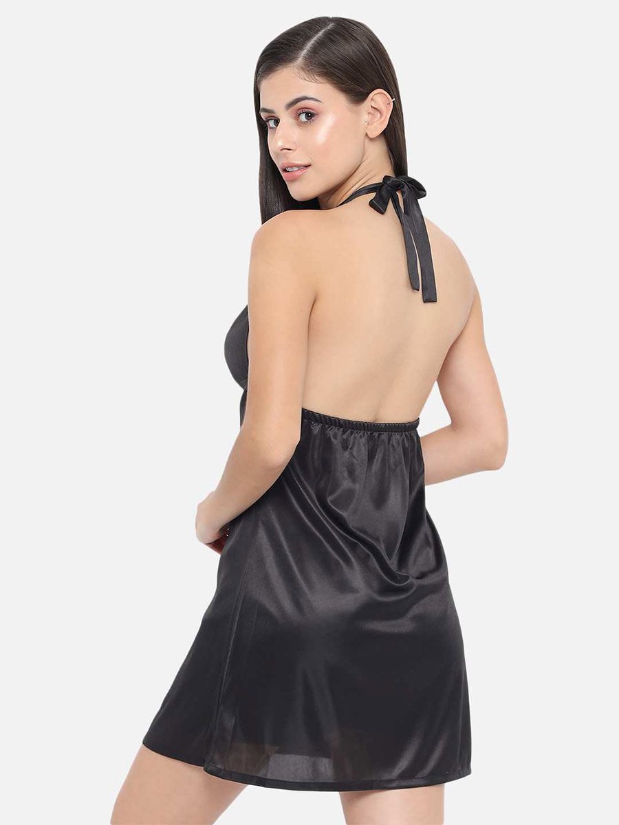 Solid Halter Neck Babydoll with Bow Detail