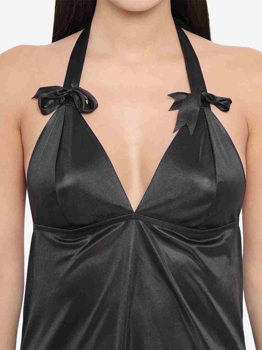 Solid Halter Neck Babydoll with Bow Detail