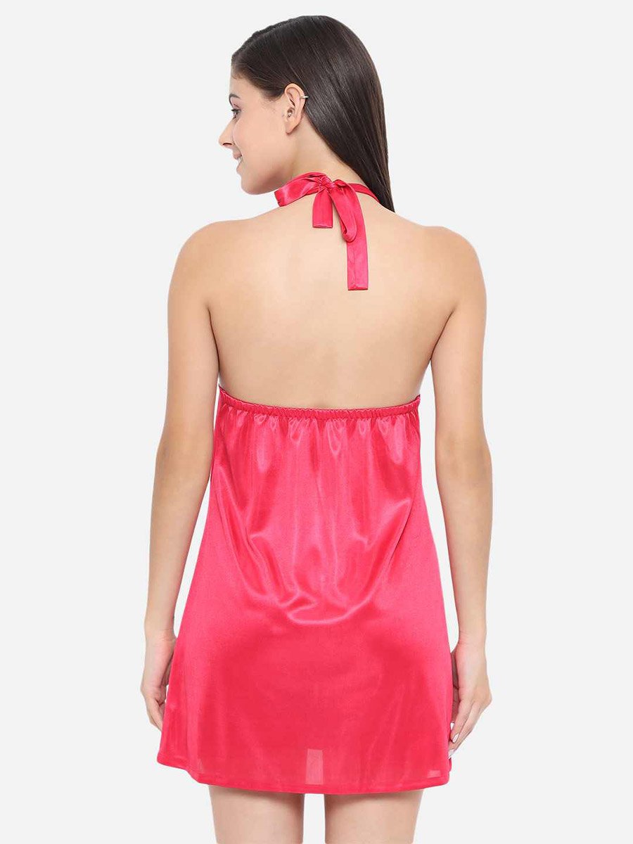 Solid Halter Neck Babydoll with Bow Detail