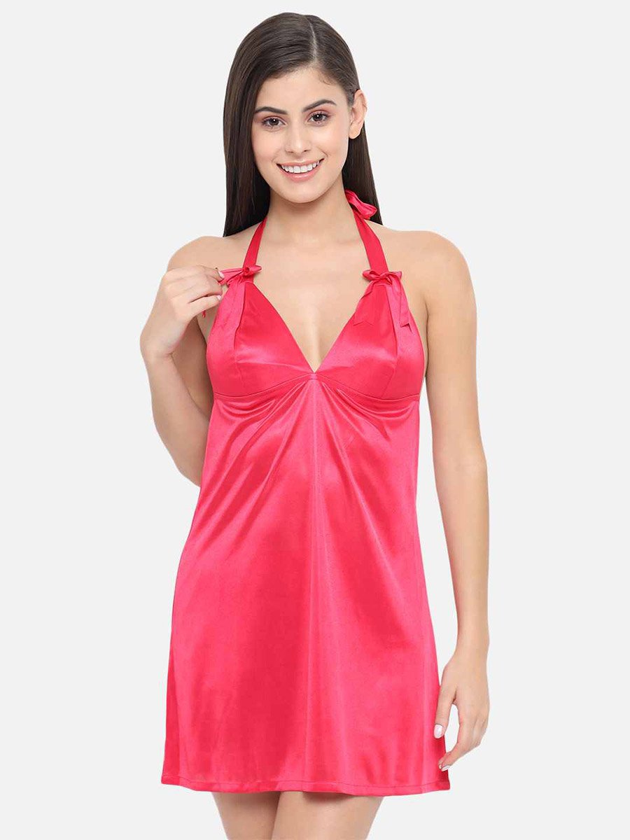 Solid Halter Neck Babydoll with Bow Detail