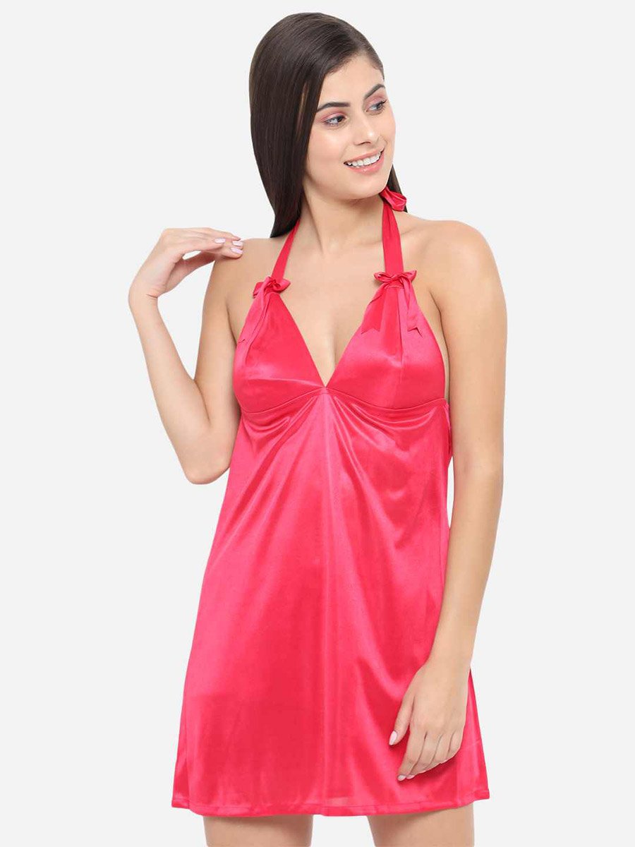 Solid Halter Neck Babydoll with Bow Detail