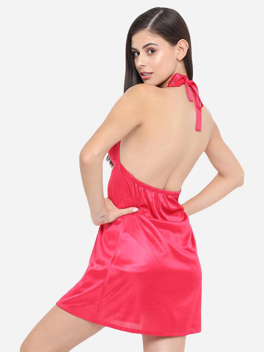 Solid Halter Neck Babydoll with Bow Detail