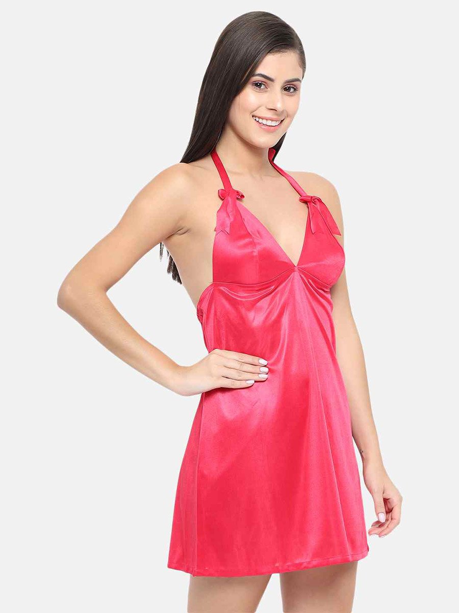 Solid Halter Neck Babydoll with Bow Detail