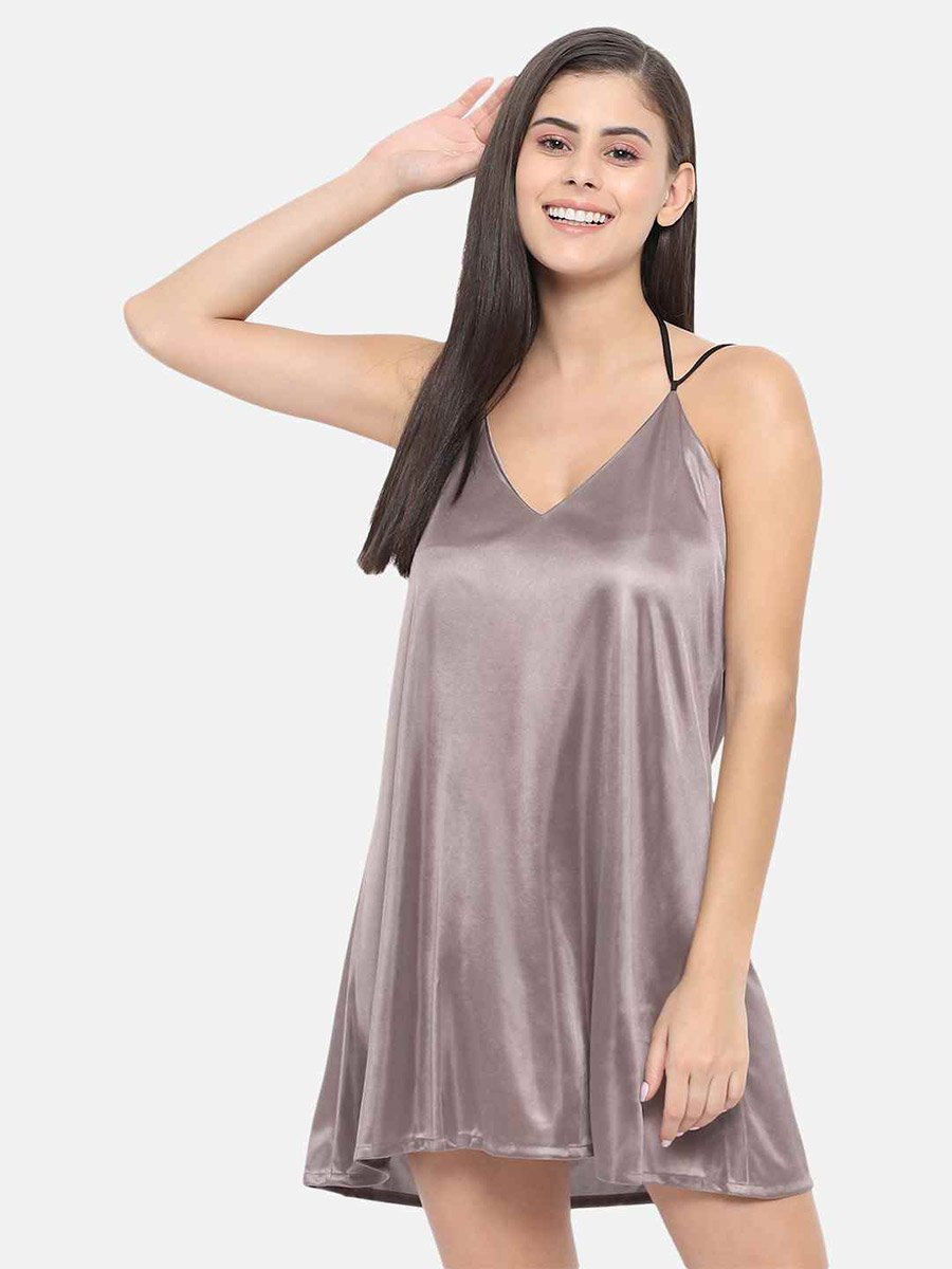 Solid V Neck Strappy Satin Babydoll