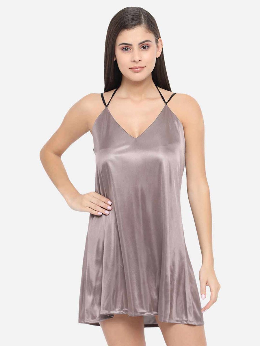 Solid V Neck Strappy Satin Babydoll