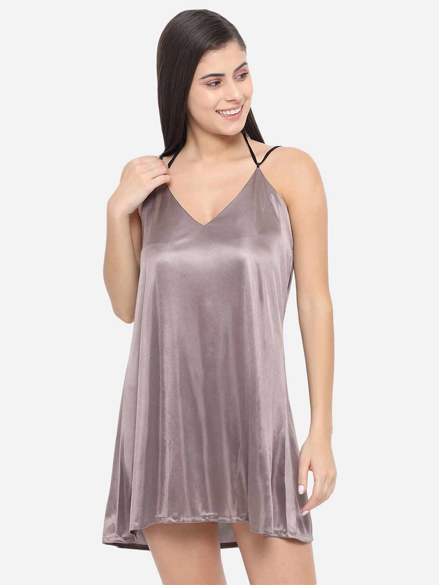 Solid V Neck Strappy Satin Babydoll