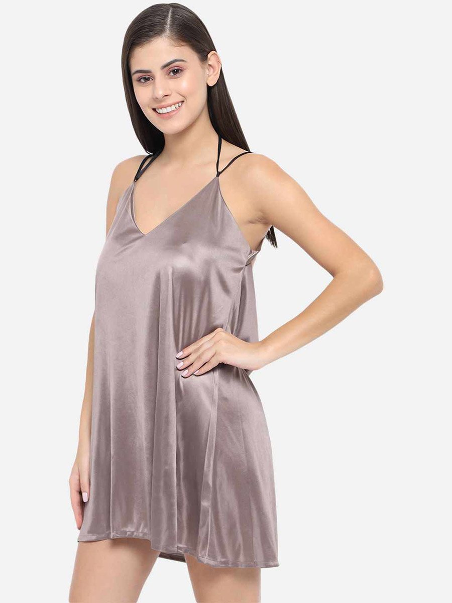Solid V Neck Strappy Satin Babydoll