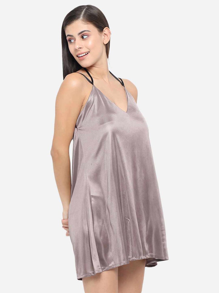 Solid V Neck Strappy Satin Babydoll