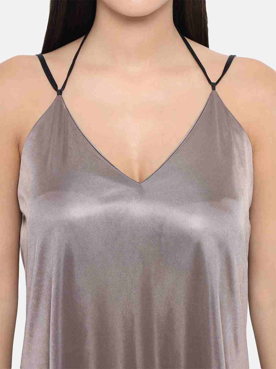 Solid V Neck Strappy Satin Babydoll