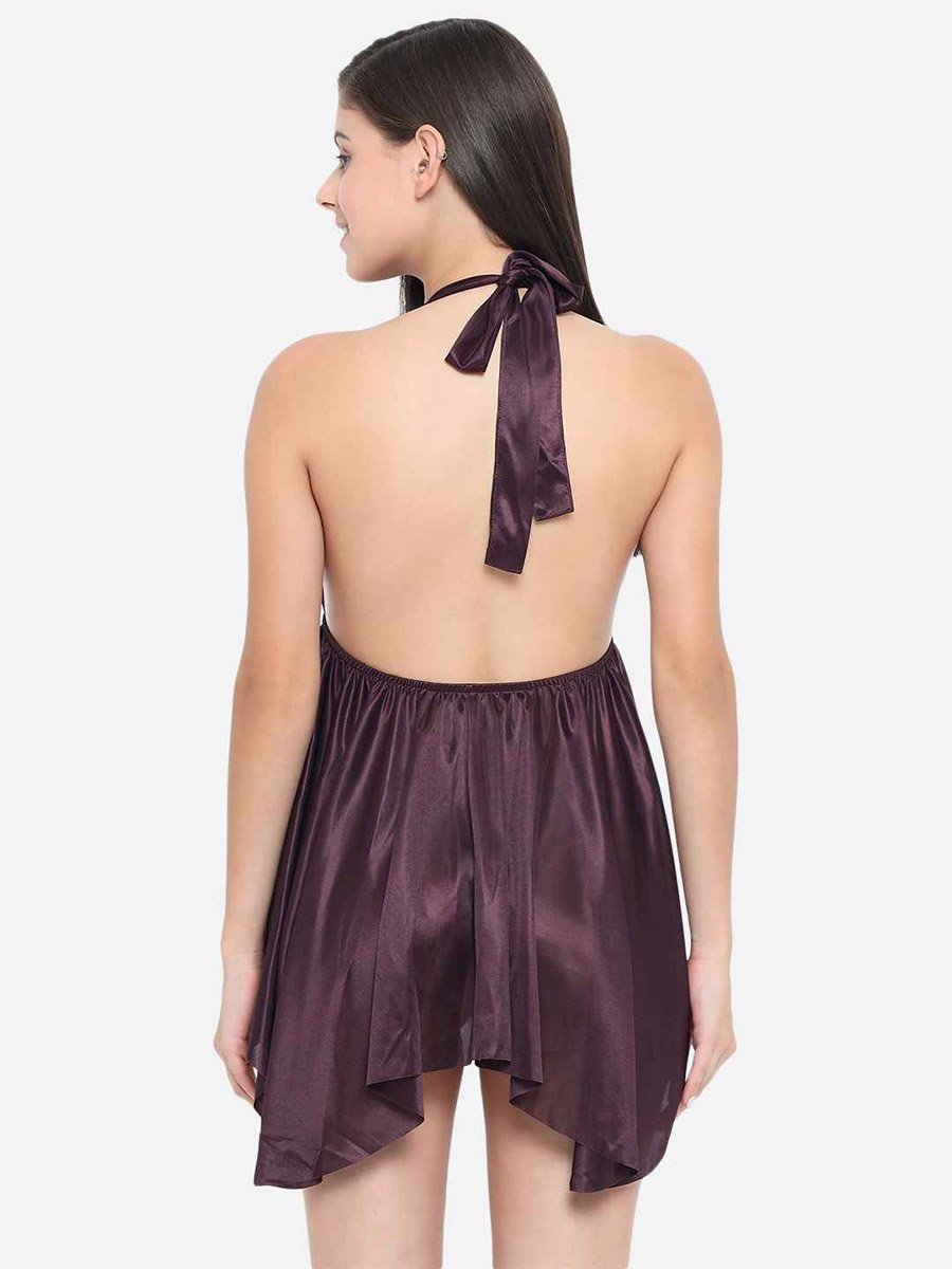 Solid Halter Neck Asymmetric Hem Satin Babydoll