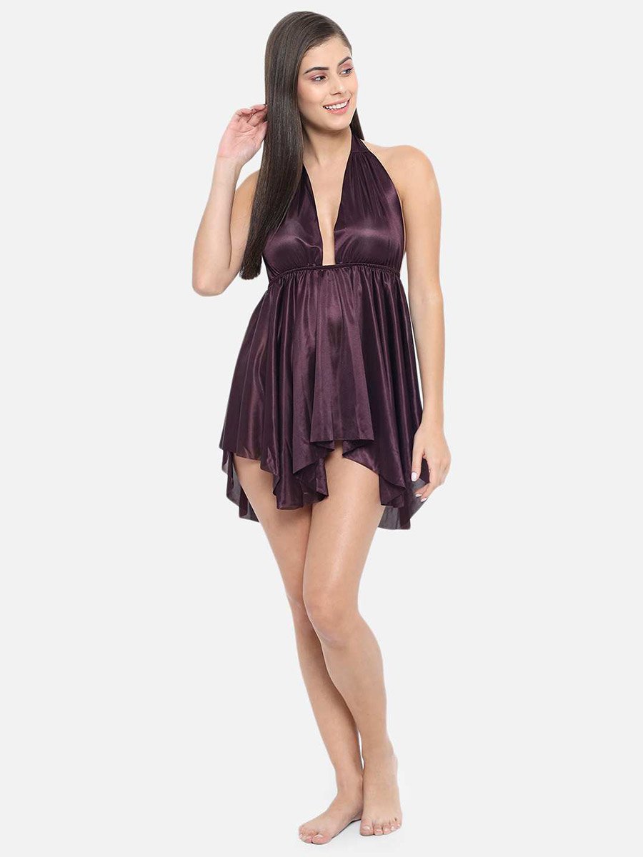 Solid Halter Neck Asymmetric Hem Satin Babydoll