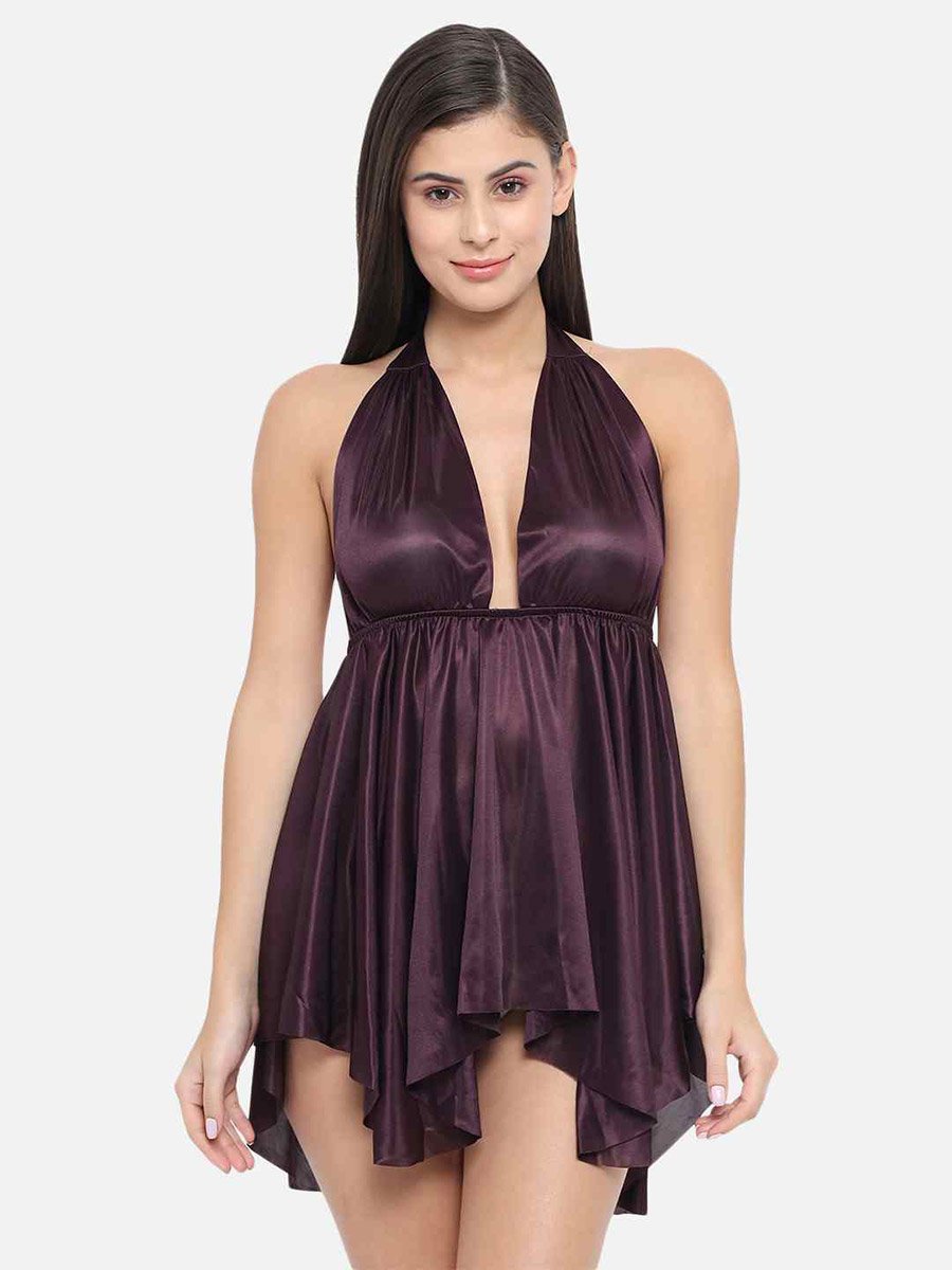 Solid Halter Neck Asymmetric Hem Satin Babydoll