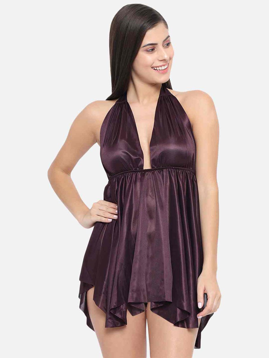 Solid Halter Neck Asymmetric Hem Satin Babydoll