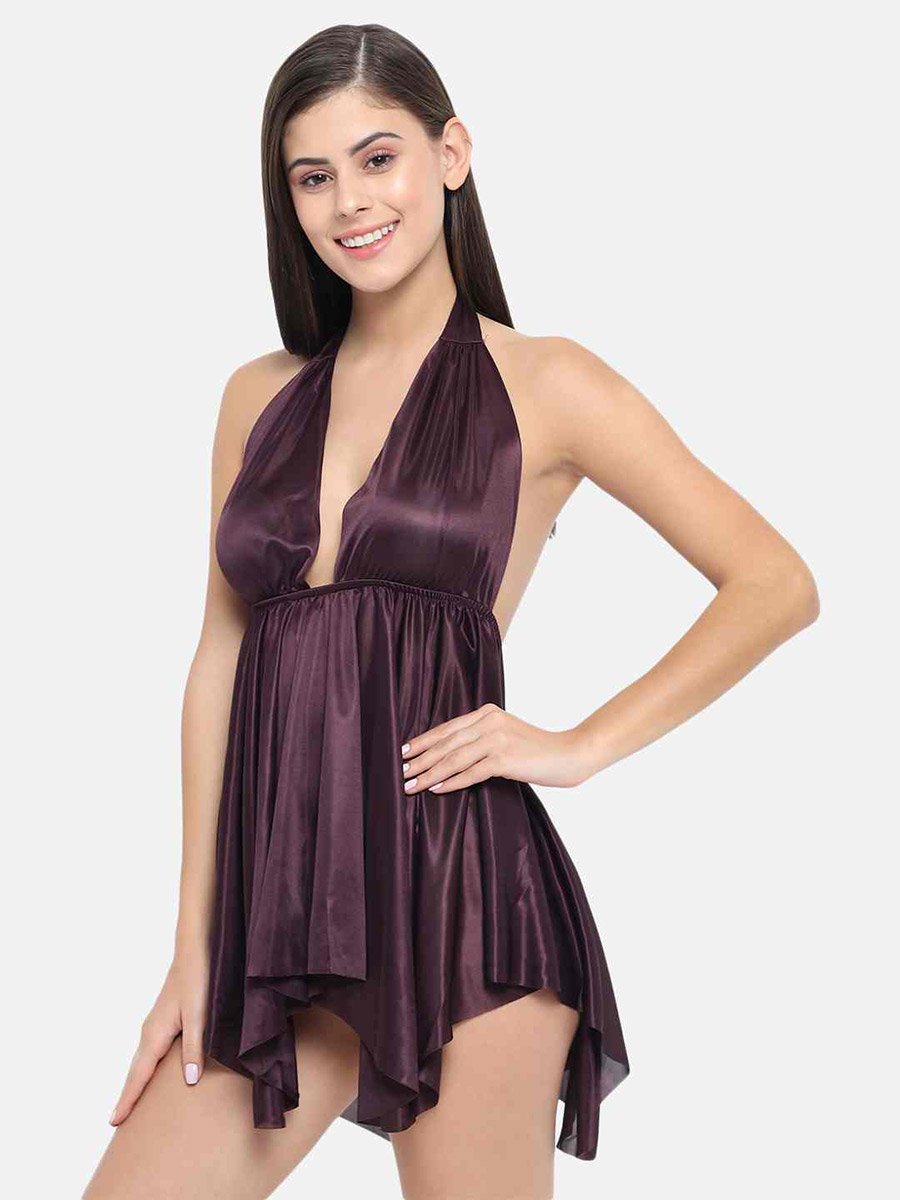 Solid Halter Neck Asymmetric Hem Satin Babydoll