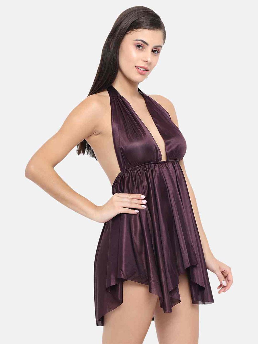 Solid Halter Neck Asymmetric Hem Satin Babydoll