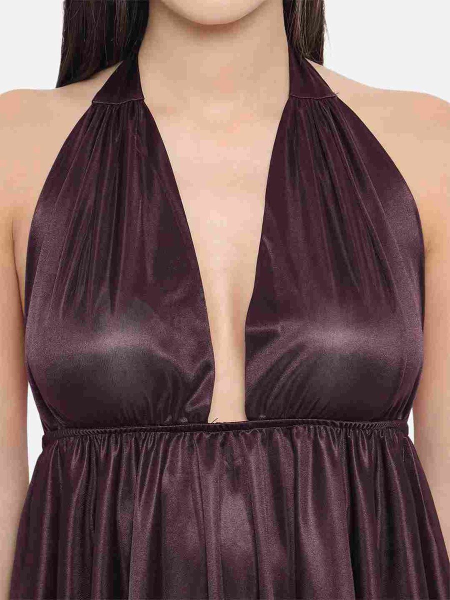 Solid Halter Neck Asymmetric Hem Satin Babydoll
