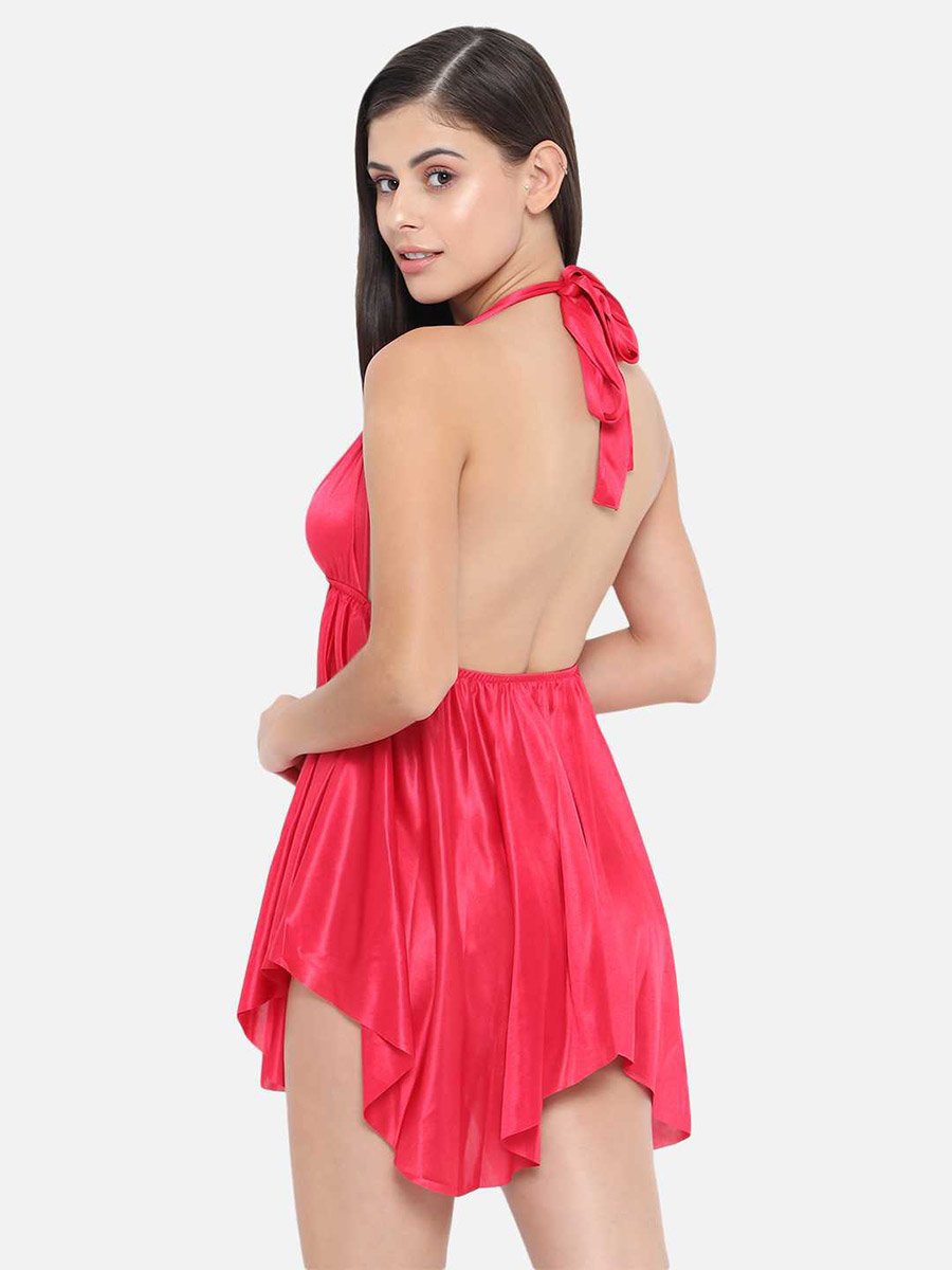 Solid Halter Neck Asymmetric Hem Satin Babydoll