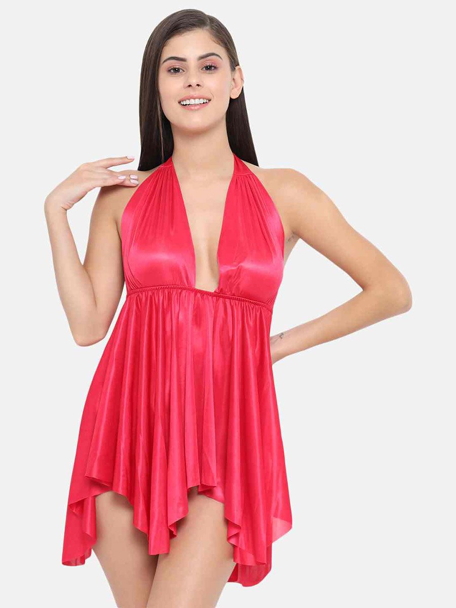 Solid Halter Neck Asymmetric Hem Satin Babydoll