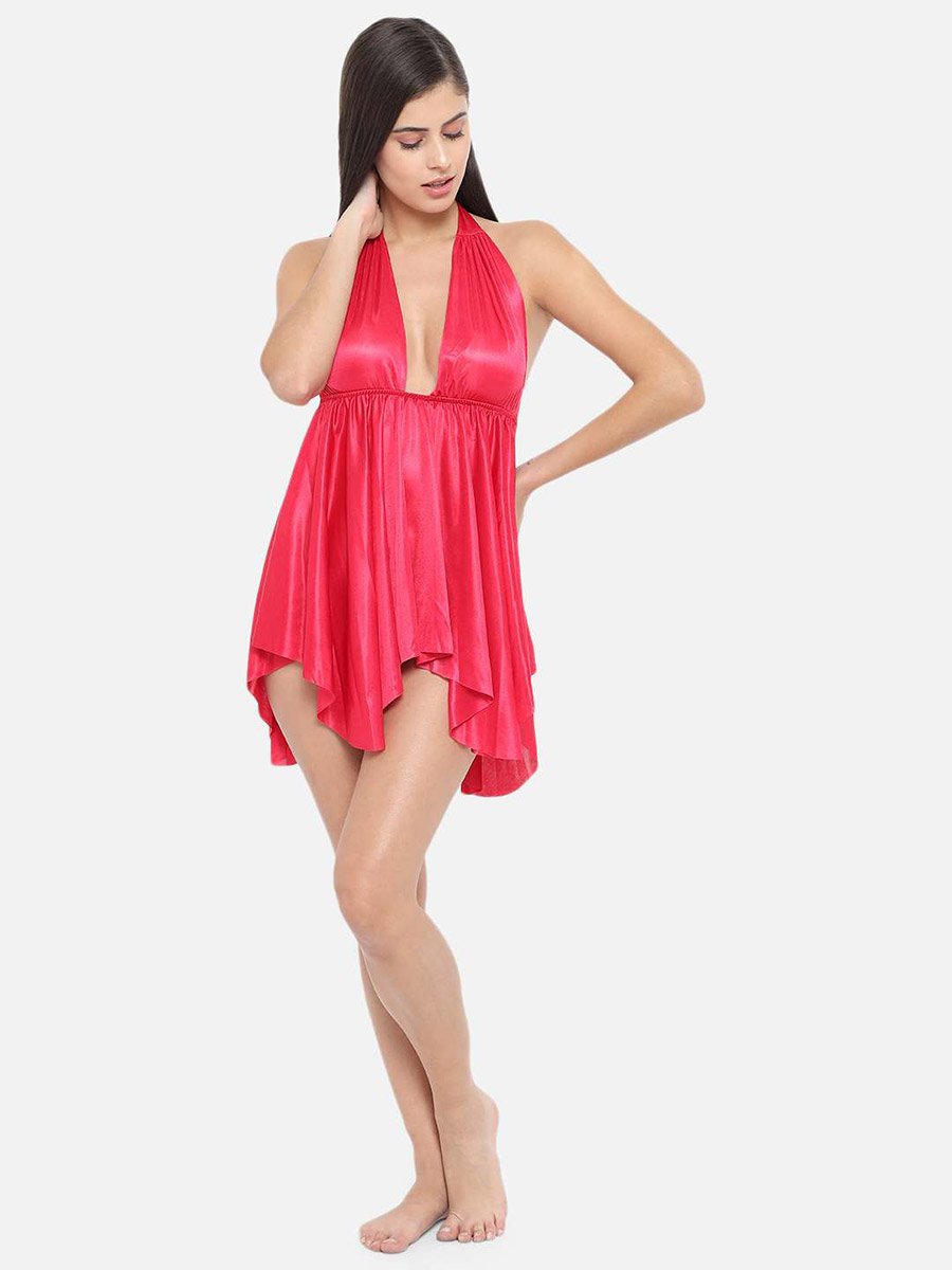 Solid Halter Neck Asymmetric Hem Satin Babydoll
