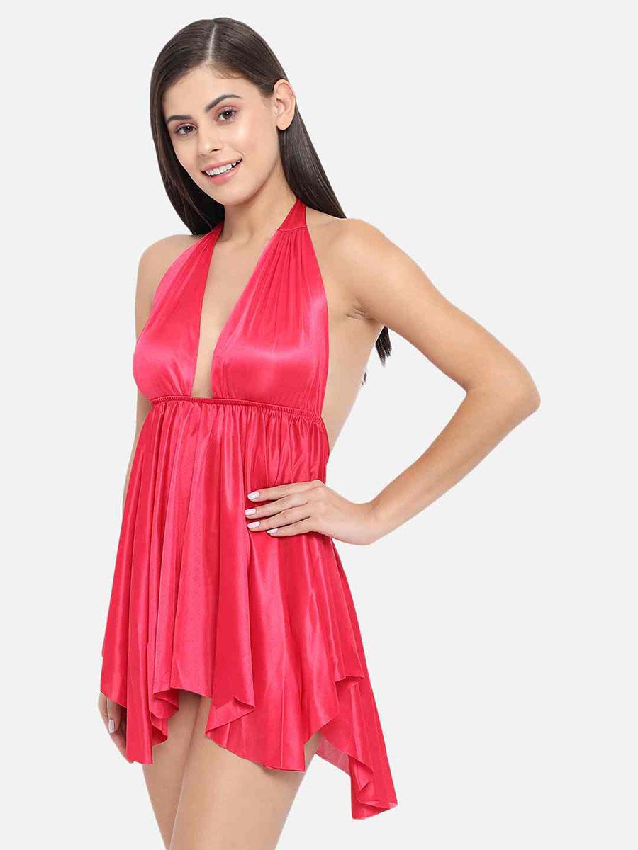 Solid Halter Neck Asymmetric Hem Satin Babydoll