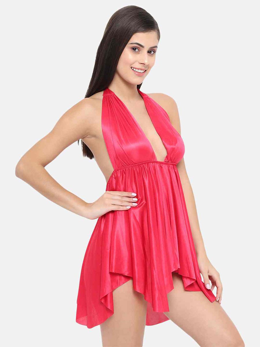 Solid Halter Neck Asymmetric Hem Satin Babydoll