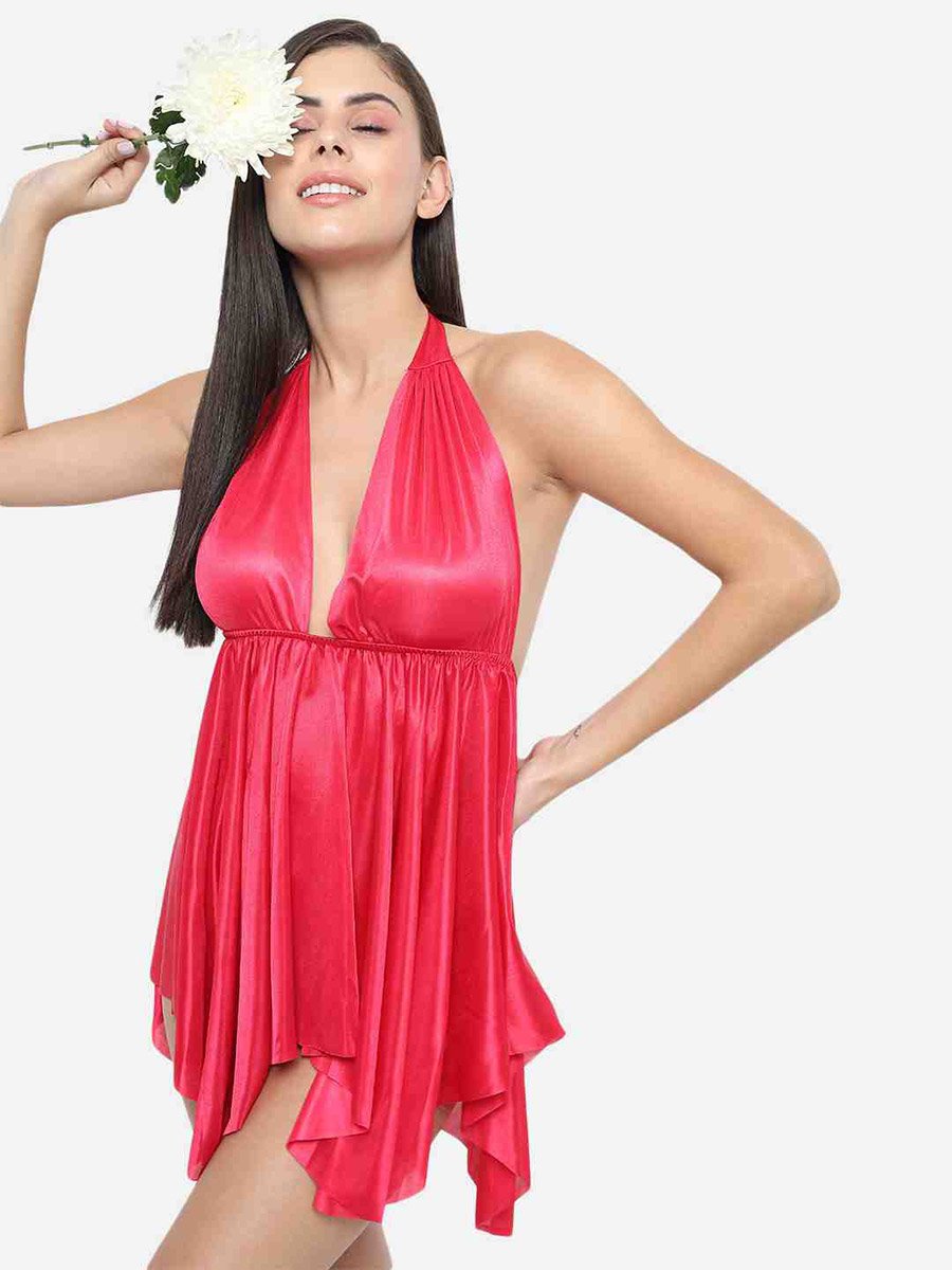 Solid Halter Neck Asymmetric Hem Satin Babydoll