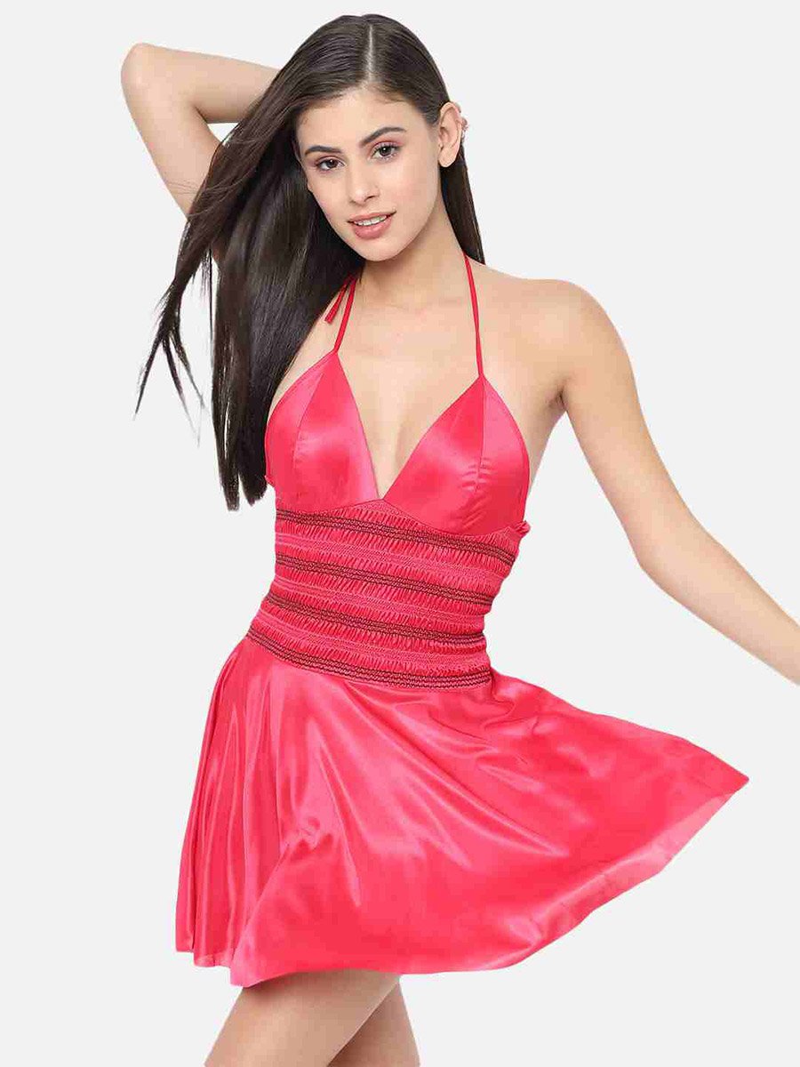 Shirred Halter Neck Satin Babydoll