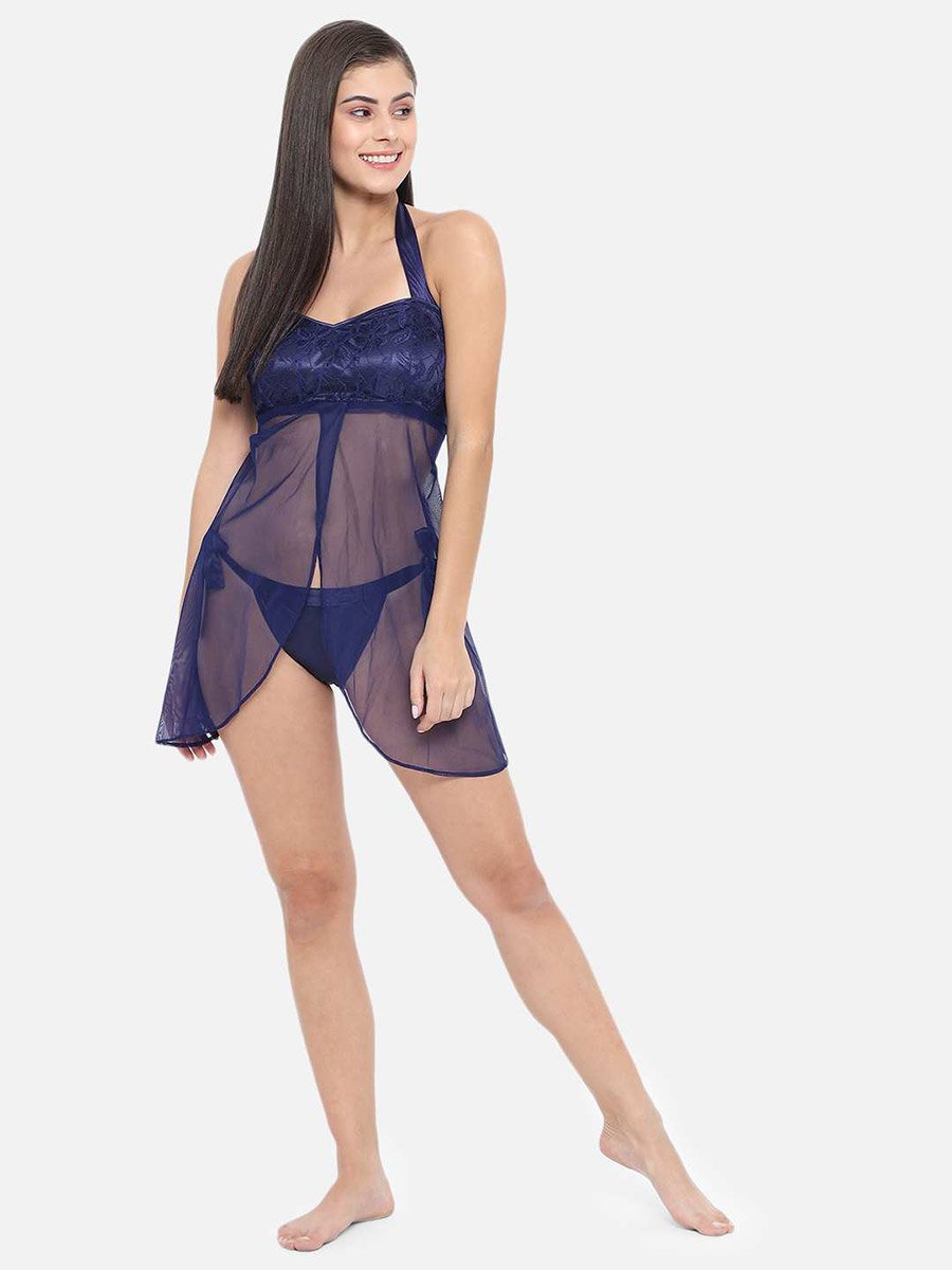 Lace Halter Neck Asymmetric Hem Babydoll