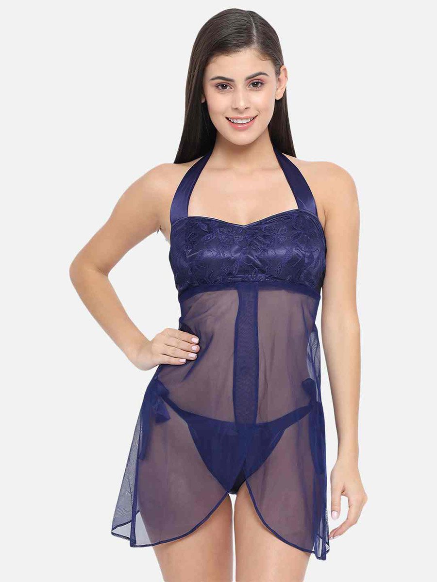 Lace Halter Neck Asymmetric Hem Babydoll