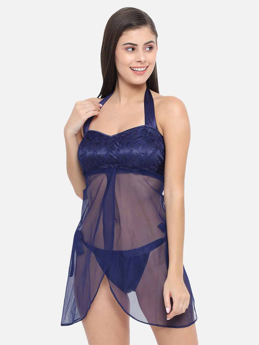 Lace Halter Neck Asymmetric Hem Babydoll