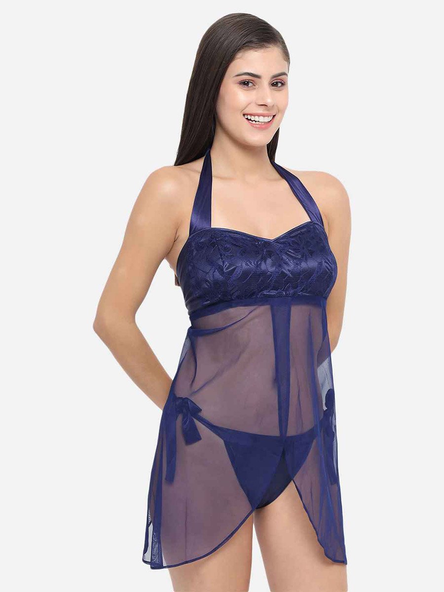 Lace Halter Neck Asymmetric Hem Babydoll