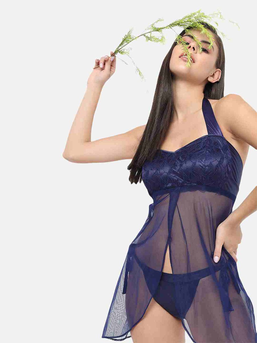 Lace Halter Neck Asymmetric Hem Babydoll